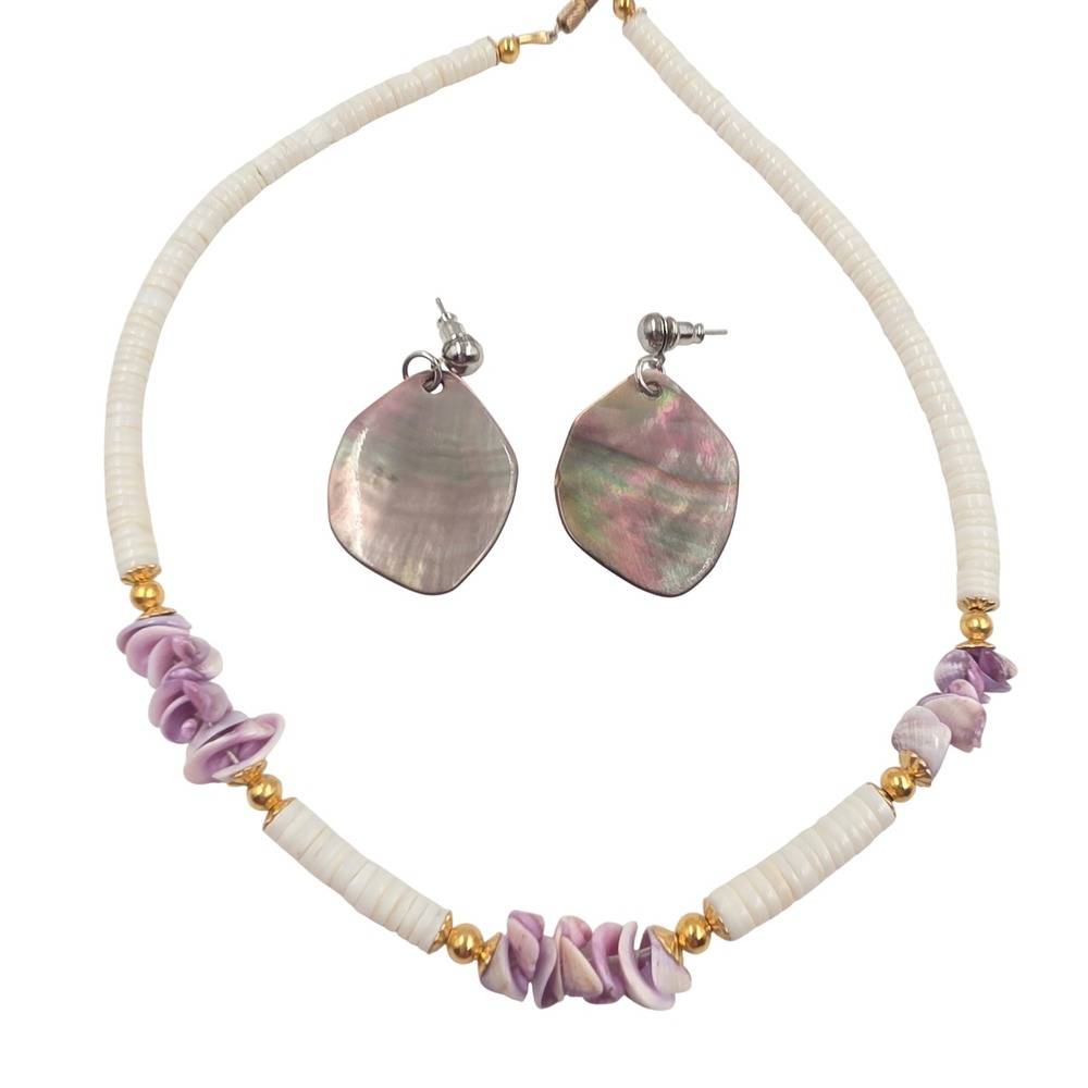 Vintage Shell Heishi Beaded Necklace and Iridescent Mother of Pearl Earring Set‎